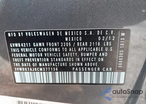 2012 Volkswagen Jetta 2.5L Se из США, поврежденный, VIN 3VWDX7AJ6CM377136